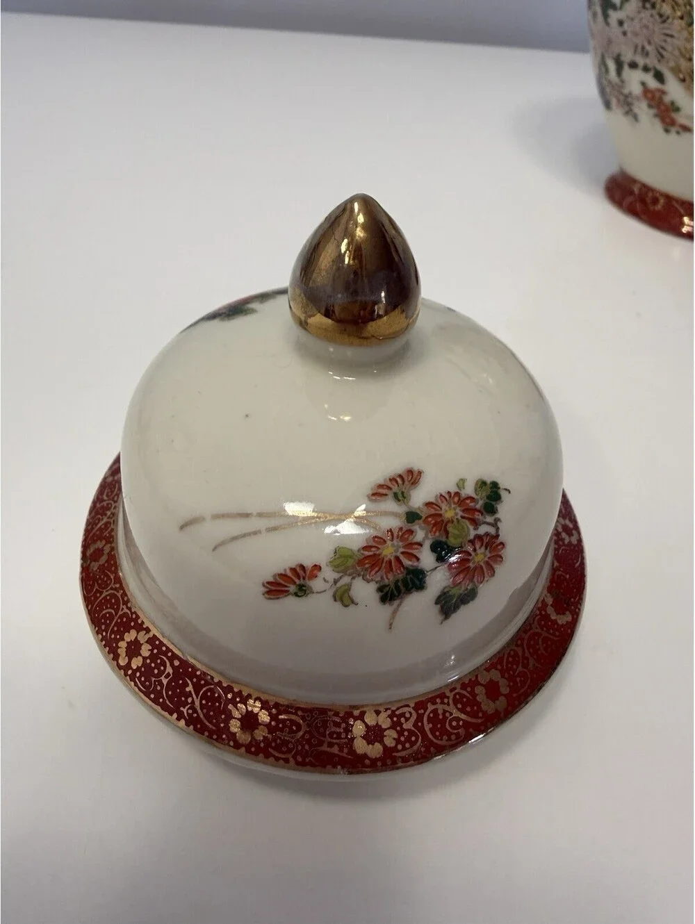 VTG Japanese SATSUMA Ginger Jar w/Lid Peacock Cherry Blossom Peony Gold Gilding